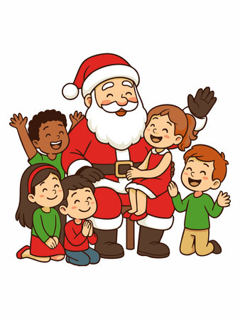 Santa Claus celebrates Christmas with happy childrenのイラスト素材