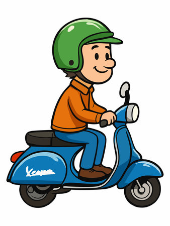 Cartoon illustration of a boy riding a scooter.のイラスト素材