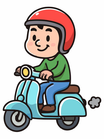 Cartoon illustration of a boy riding a scooter.のイラスト素材