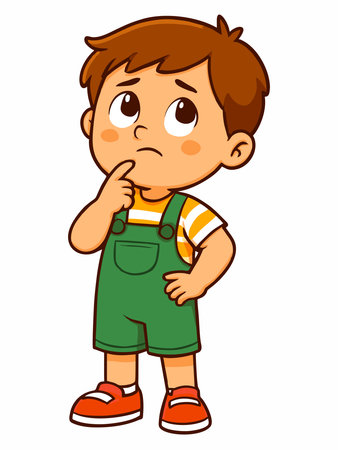 Cartoon illustration of a boy thinking with a curious expressionのイラスト素材