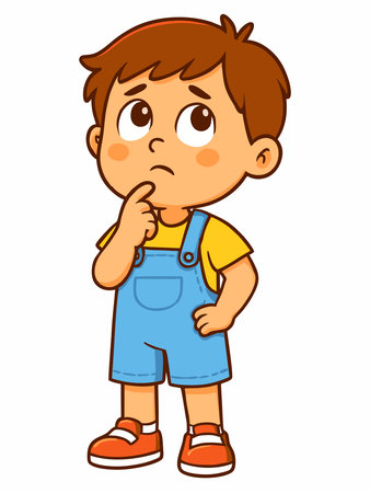 Cartoon illustration of a boy thinking with a curious expressionのイラスト素材