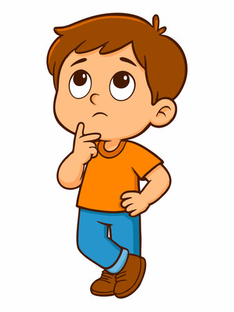 Cartoon illustration of a boy thinking with a curious expressionのイラスト素材