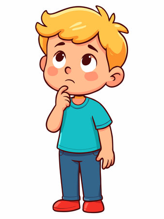Cartoon illustration of a boy thinking with a curious expressionのイラスト素材