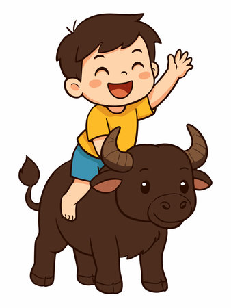 Cartoon illustration of a happy boy riding a buffaloのイラスト素材