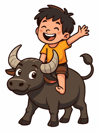 Cartoon illustration of a happy boy riding a buffaloのイラスト素材