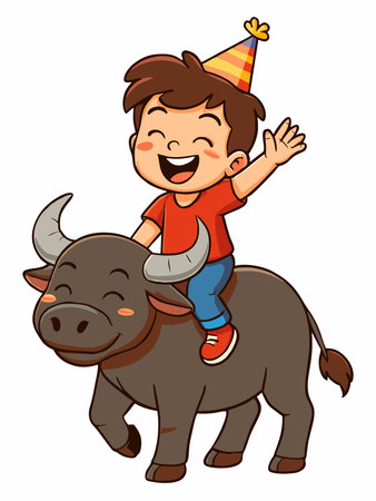 Cartoon illustration of a happy boy riding a buffaloのイラスト素材