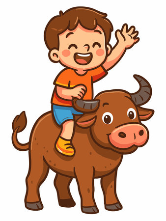 Cartoon illustration of a happy boy riding a buffaloのイラスト素材