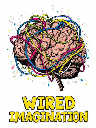 A graphic illustration of a human brain with colorful wires wrapped around it, accompanied by the text "WIRED IMAGINATION".のイラスト素材