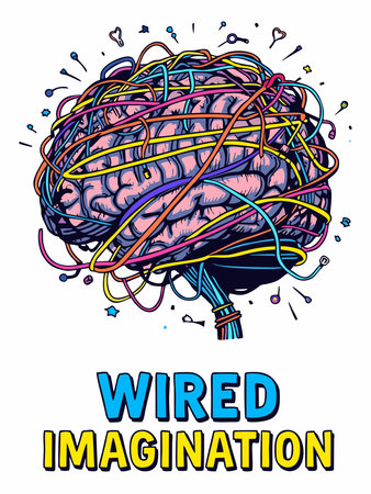 A graphic illustration of a human brain with colorful wires wrapped around it, accompanied by the text "WIRED IMAGINATION".のイラスト素材