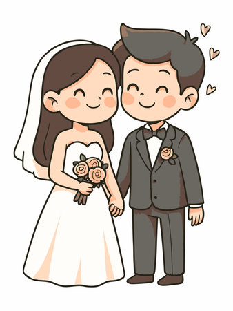Cute cartoon bride and groom illustrationのイラスト素材