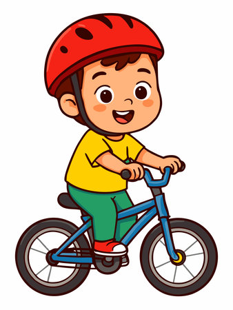Cheerful cartoon illustration of a boy riding a bicycle.のイラスト素材