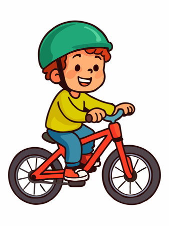 Cheerful cartoon illustration of a boy riding a bicycle.のイラスト素材