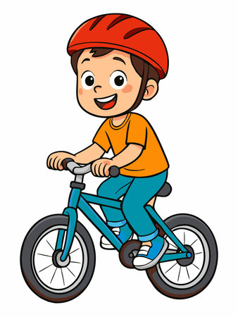 Cheerful cartoon illustration of a boy riding a bicycle.のイラスト素材