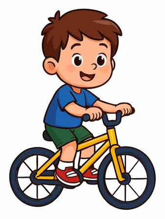 Cheerful cartoon illustration of a boy riding a bicycle.のイラスト素材