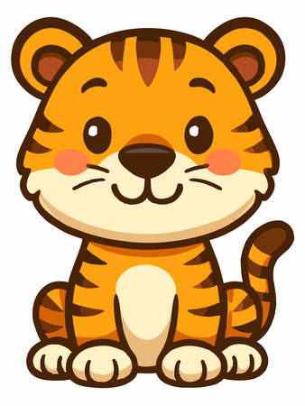 Cute and adorable cartoon tiger illustration sitting with a cheerful smileのイラスト素材