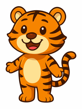 Cute and adorable cartoon tiger illustration sitting with a cheerful smileのイラスト素材