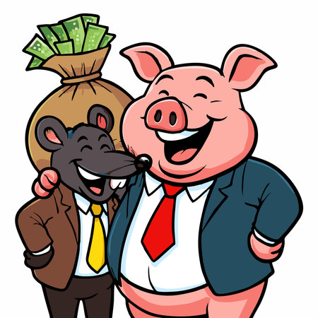 Cartoon illustration of a pig and a mouse laughing carrying a bag of money from corruption.のイラスト素材