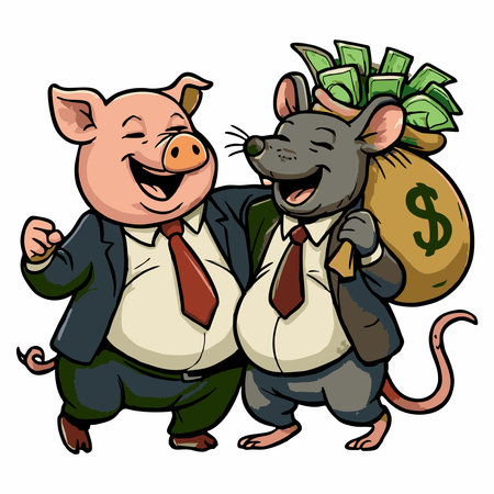 Cartoon illustration of a pig and a mouse laughing carrying a bag of money from corruption.のイラスト素材