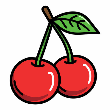 Illustration of red cherries with green leaves