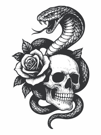 Illustration of a snake and skull tattoo with roses