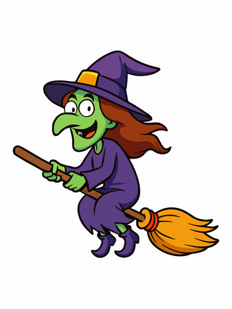 Illustration of a cartoon witch flying on a broomstickのイラスト素材