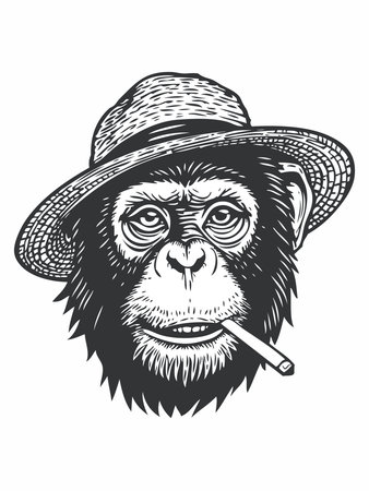 Vector illustration of a monkey wearing a straw hat and smokingのイラスト素材