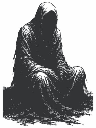 Dark silhouette illustration of a mysterious hooded figureのイラスト素材