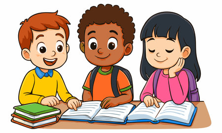 Cartoon illustration of children studying togetherのイラスト素材