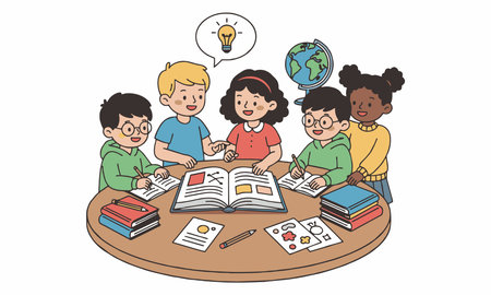 Cartoon illustration of children studying togetherのイラスト素材