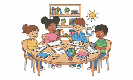 Cartoon illustration of children studying togetherのイラスト素材