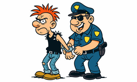 Funny cartoon illustration of punk rocker being arrested by policeのイラスト素材