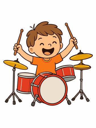 Cartoon illustration of a boy playing the drumsのイラスト素材
