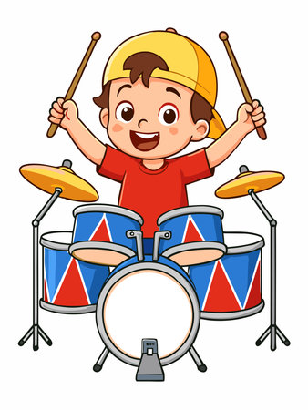 Cartoon illustration of a boy playing the drumsのイラスト素材