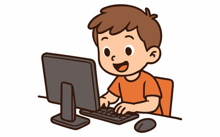 Cartoon illustration of a boy using a desktop computer.のイラスト素材