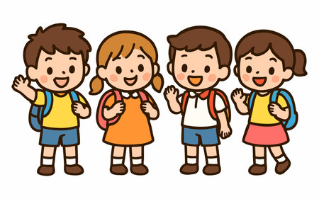 Cute cartoon illustration of children walking to school.のイラスト素材