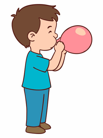 Cartoon illustration of a boy blowing up a balloon.のイラスト素材