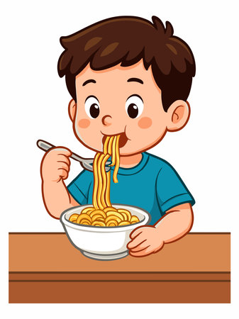 Cartoon illustration of a boy eating noodlesのイラスト素材