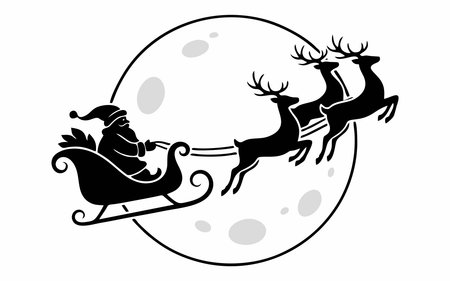 Silhouette of Santa Claus on a sleigh pulled by reindeer.のイラスト素材