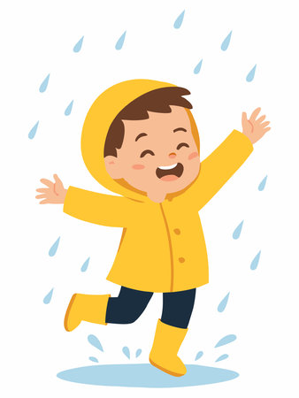 Cartoon illustration of a happy child playing in the rainのイラスト素材