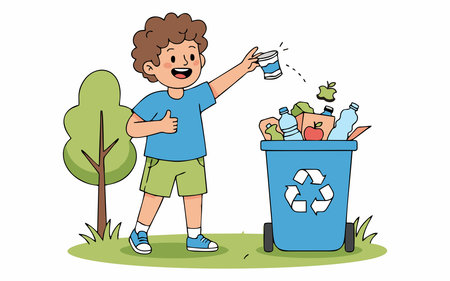 Cartoon illustration of a boy throwing out trashのイラスト素材