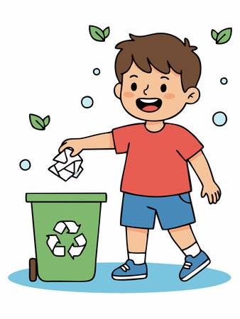 Cartoon illustration of a boy throwing out trashのイラスト素材