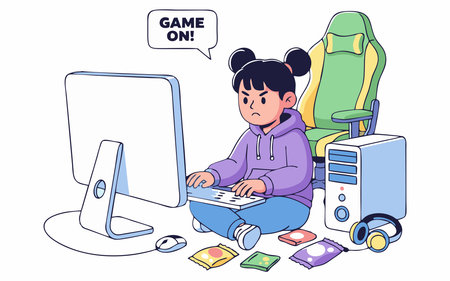 Cartoon girl playing video games on desktop computer.のイラスト素材