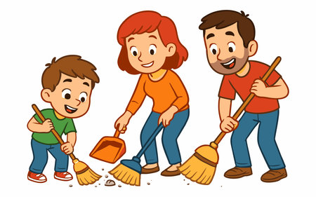 Happy Family Cleaning Together with Brooms and Dustpanのイラスト素材