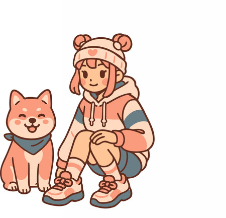 Cute Girl with Dog Cartoon Illustrationのイラスト素材
