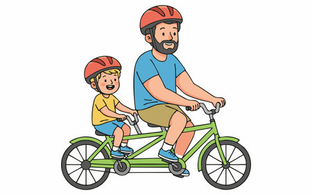 Father and Son Riding Tandem Bicycle Cartoon Vector Illustrationのイラスト素材