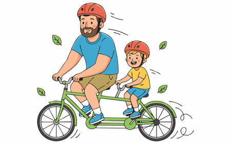 Father and Son Riding Tandem Bicycle Cartoon Vector Illustrationのイラスト素材