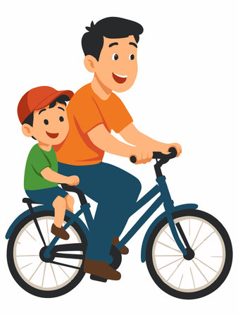 Father and Son Riding Tandem Bicycle Cartoon Vector Illustrationのイラスト素材