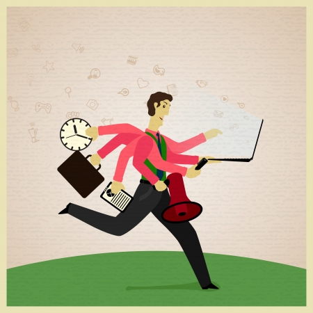 businessman with seven hands in suit hold clock, megafon,  notebook, pad, cell phone, folder. Vector illustration/のイラスト素材