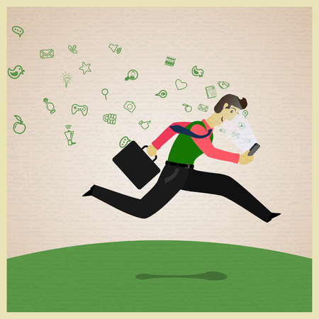 Businessman running and carrying a phone. Vector illustration.のイラスト素材