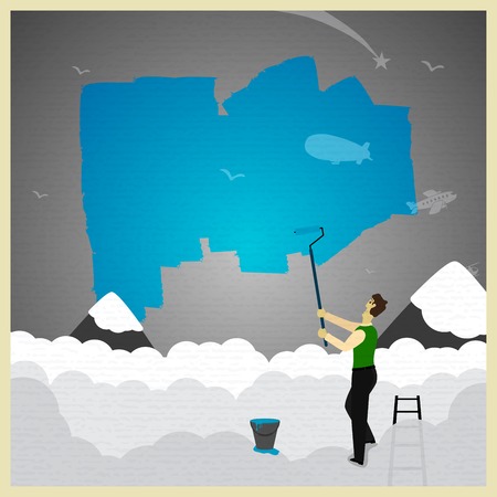 man stands on a ladder and paints the worldのイラスト素材